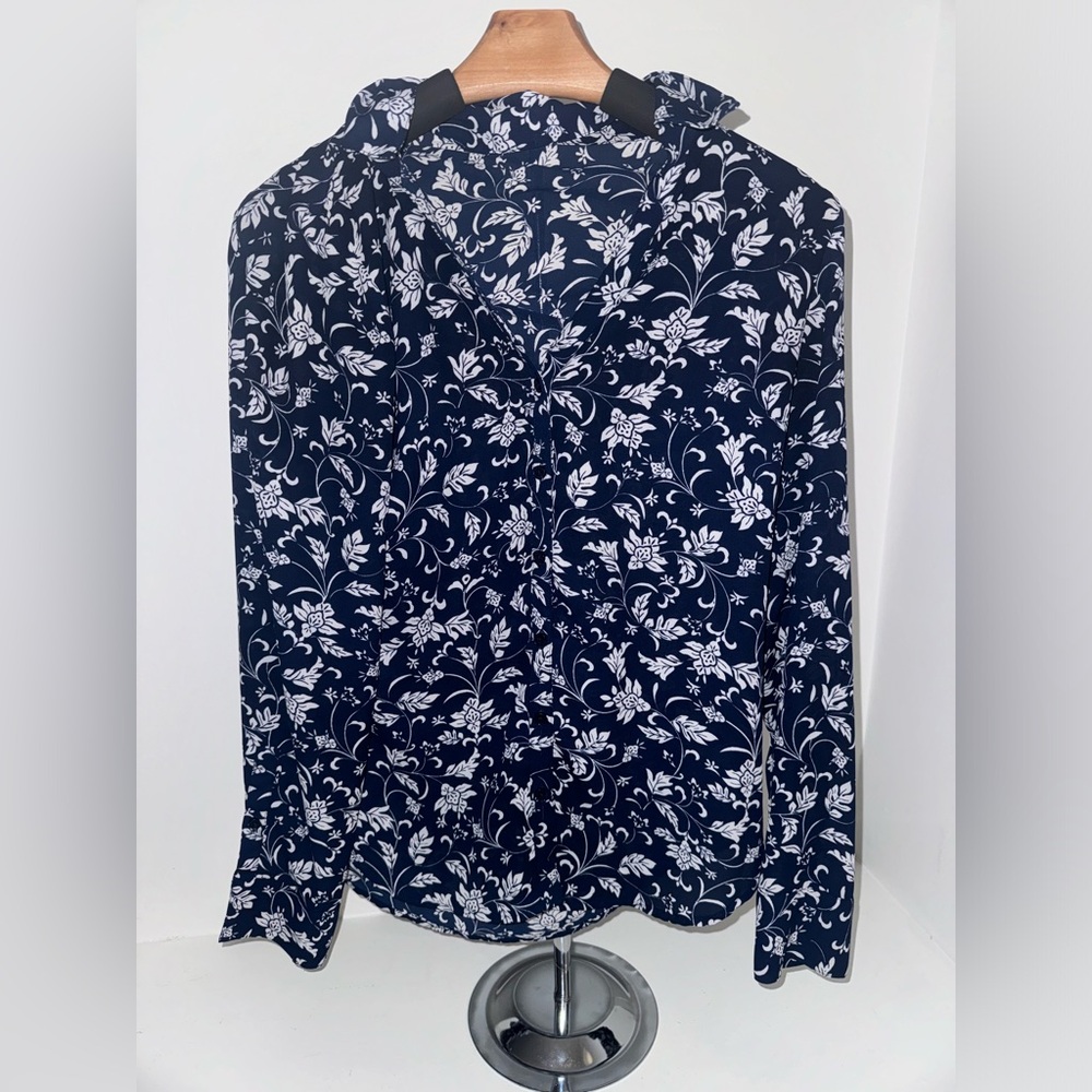 Floral Navy Blue Long Sleeve Blouse- Express - Small